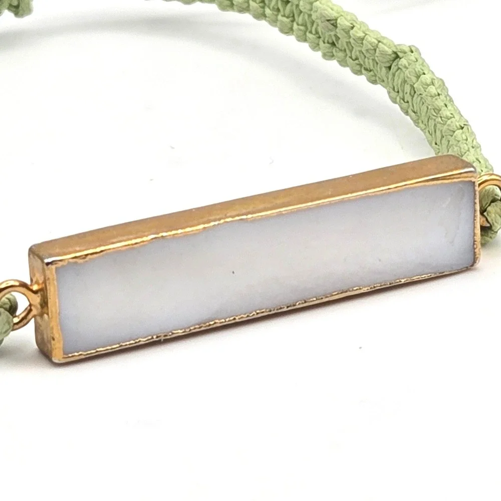 Set of 2 Macrame Cord‎ Bracelets Sage Green Agate Bar Gold Bead Adjustable Woven